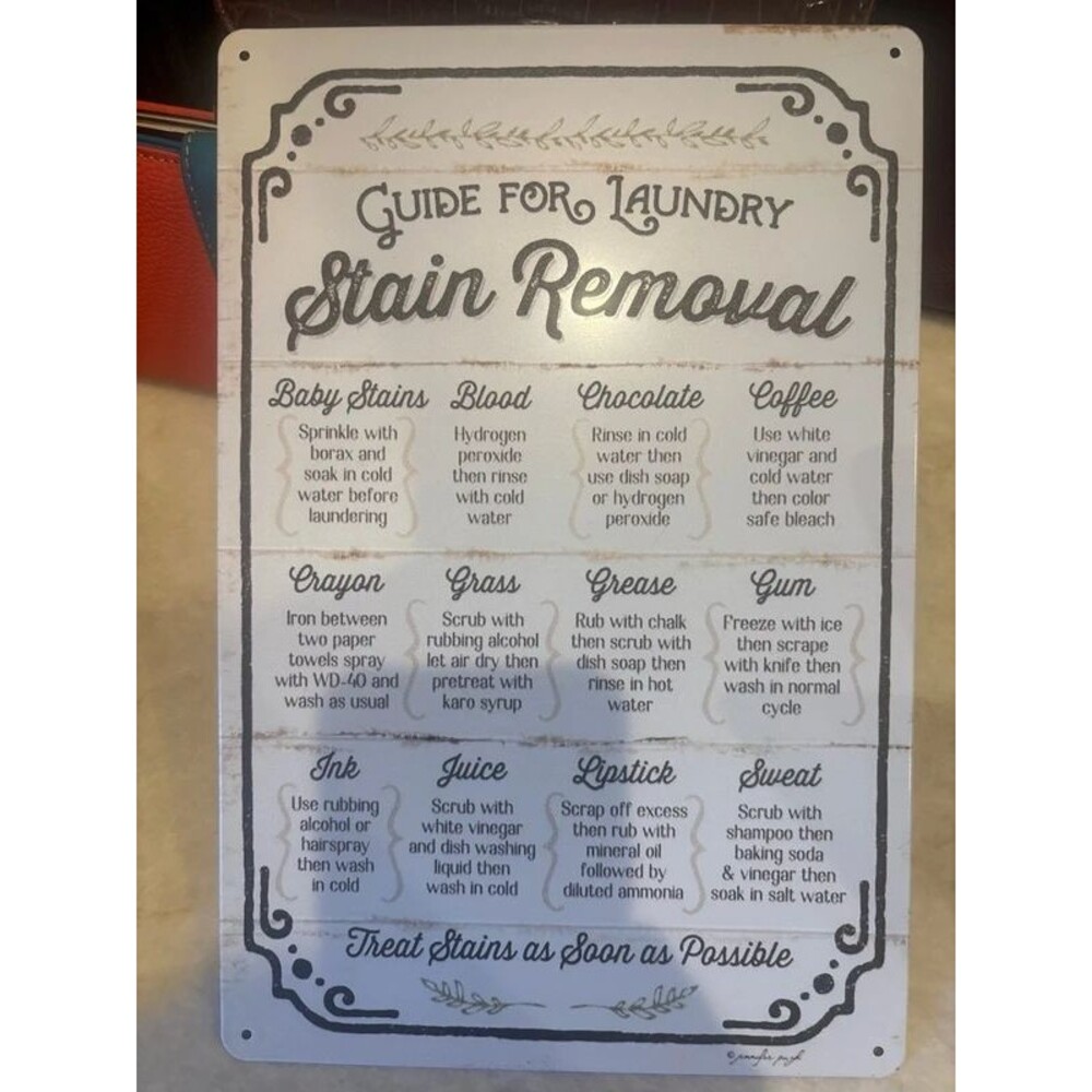 Retro Vintage Style Laundry Stain Removal Guide Metal Sign 8x12